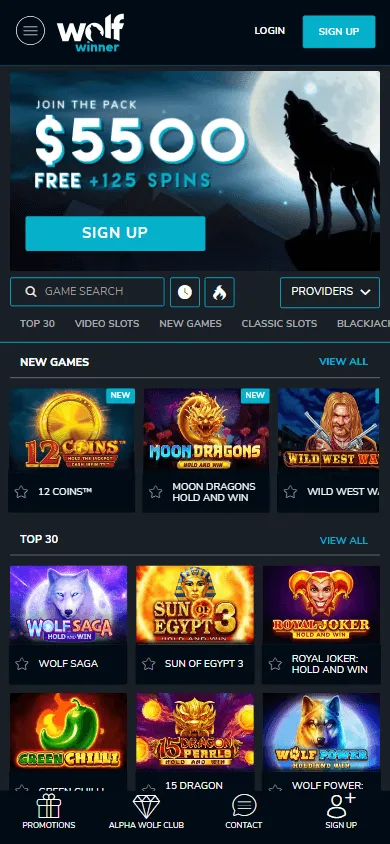 Wolf Winner Casino home experience on a mobile device