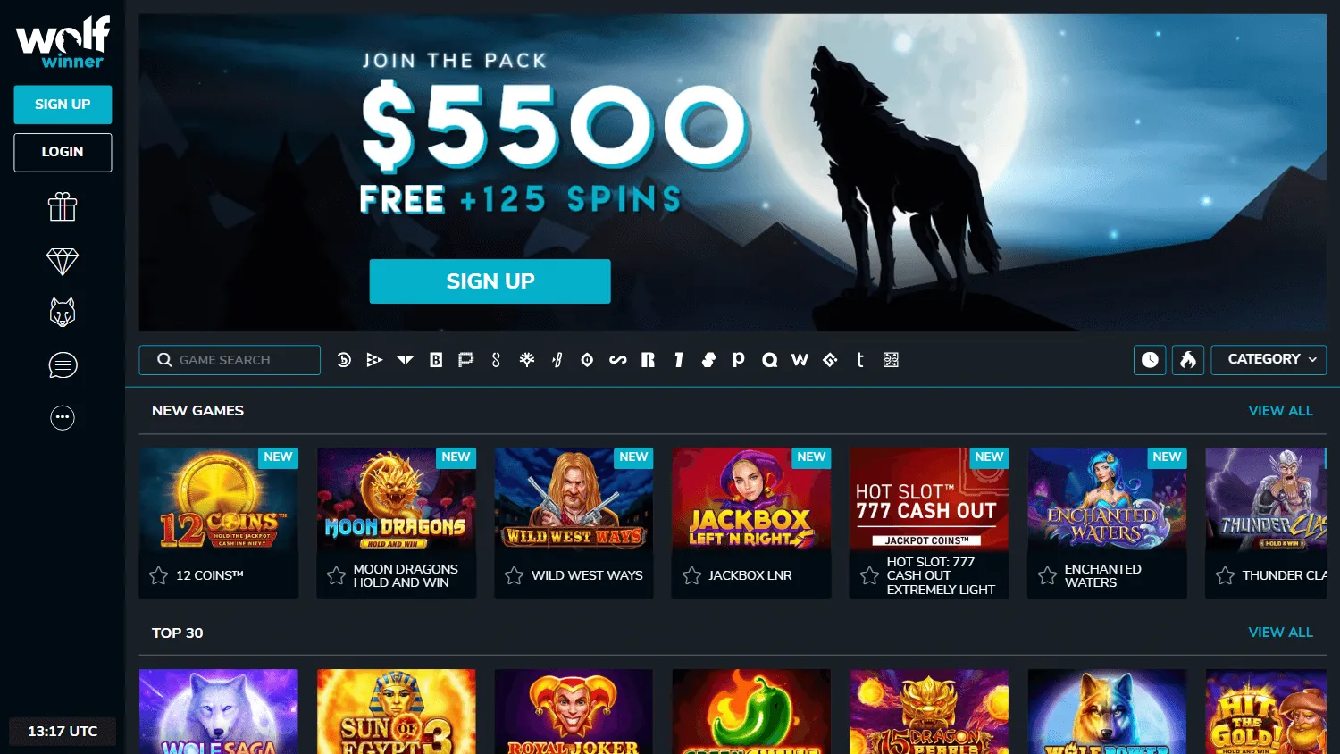 Wolf Winner Casino home experience on desktop