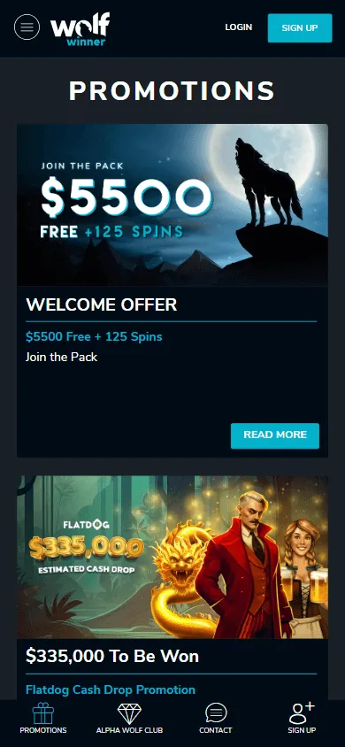 Wolf Winner Casino promotions on a mobile device