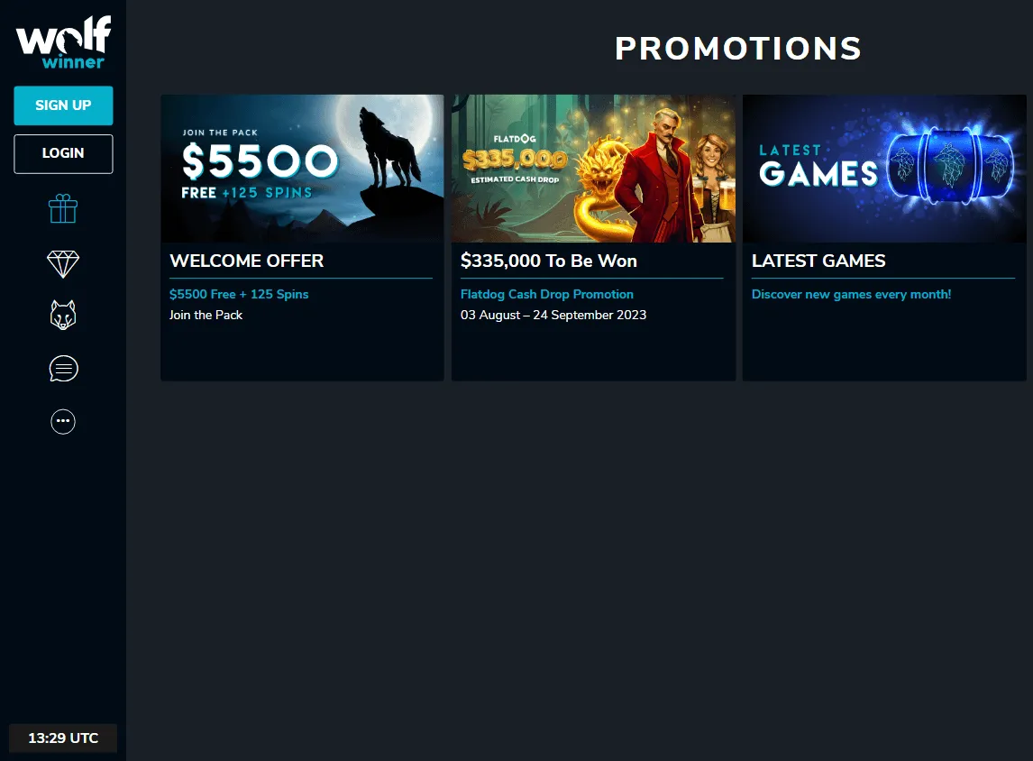 Wolf Winner Casino promotions on desktop